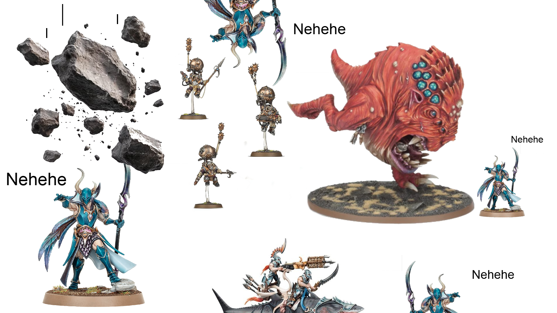 A Tzeentch Fatemaster is shown in a collection of lethal situations, laughing in each one.