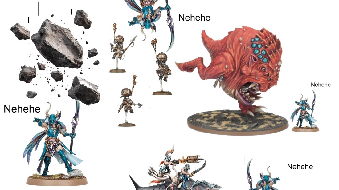 A Tzeentch Fatemaster is shown in a collection of lethal situations, laughing in each one.